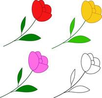 simple line flower icon set on white transparent background, red, yellow, pink colors vector