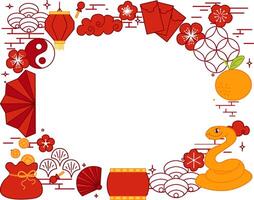 Chinese New Year or Lantern Festival of snake greeting card template oval frame with lanterns and plum elements. graphic line illustration vector