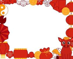 Chinese New Year 2026 modern art design in red, gold and white colors for cover, card, poster, banner with trendy geometric pattern. New year of horse, rectangle frame vector
