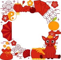Happy Chinese new year of horse circle round frame. graphic line Chinese new year banner with circle for show product. Greeting card. China frame with lantern on red background. vector