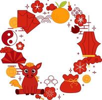 Chinese New Year icons, symbols and decorations circle round frame. Line art lanterns, flowers, clouds and frames. illustration year of horse vector