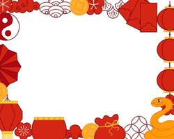 Chinese graphic line template with cute Snake, red lanterns, plum blossoms, mandarin, gold coin and red envelope. frame on transparent background vector