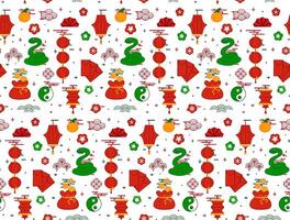 Chinese New Year themed seamless pattern with green snakes and festive elements on transparent background. 2025 Chinese New Year, the Year of the Snake. vector