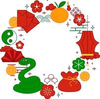 Chinese New year of green snake graphic line round circle frame. Transparent background vector