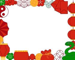 Green snake Chinese graphic line template with cute Snake, red lanterns, blossoms, mandarin, gold coin and red envelope. frame on transparent background vector