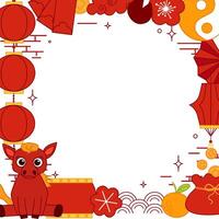 Happy Chinese new year of horse. Square frame with red lanterns, orang, chinese elements and horse. Greeting card. China frame with lantern on transparent background. vector