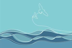 Ocean waves with birds one line drawing. Minimalist ocean view concept background. vector