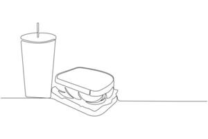 Drink and sandwich continuous one-line art drawing. Fast food concept line background vector