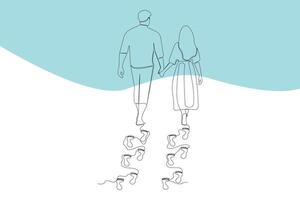Couple walking on beach continuous line drawing. Footprints concept background. vector