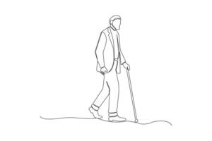 Old man walking with cane continuous line isolated on white background. vector