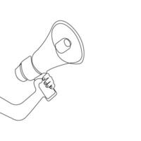Hand holding megaphone one-line art drawing isolated on white background. vector