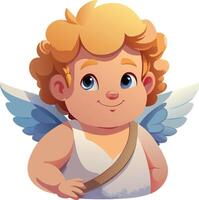 Smiling Cupid with golden curly hair, blue wings, and a white tunic. Hand-drawn illustration of a cupid character for Valentine's Day themes vector