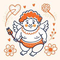 Smiling Cupid with bow and heart-shaped arrow. Hand-drawn Valentine's Day design with floral elements for cards and posters vector