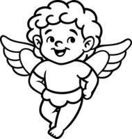 Smiling cherub with angel wings in black and white. Line art illustration for Valentine's Day. Design for coloring pages and decorative projects vector