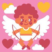 Smiling Cupid with wings and heart-shaped bow in the clouds. Cartoon illustration on a pink background for Valentine's Day greeting card or banner vector