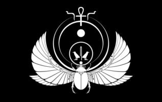egyptian sacred Scarab wall art design. beetle with wings. illustration white logo, personifying the god Khepri. Symbol of the ancient Egyptians. To be colored isolated on black background vector