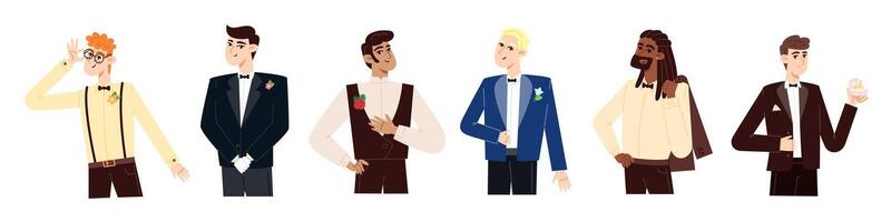Set of Grooms at the wedding in flat style vector