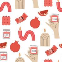 Seamless pattern with scented pomegranate candles and interior decor in flat style vector