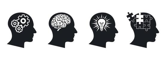 Set of Human Head Icons Creative Thinking, Intelligence, Brainstorming, Mental Work, and Business Solutions. Web Design and Infographic Elements vector