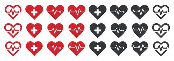 Heart Illustration Icons in Various Styles. Set of Heartbeat and Cardiogram Symbols in Linear Design vector