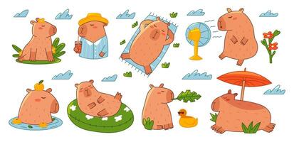Funny capybaras set. Summer capybaras in different poses. Colorful sticker set with capybras. Flat illustration isolated on white background. vector