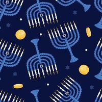 Happy Hanukkah seamless pattern with menorahs. Jewish holiday print with menorah. Flat illustration on blue background. vector