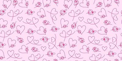 Abstract flowers and hearts pattern. Repeating background. Set of line drawings. Hand drawn icons, doodle. Seamless texture, Valentines Day. vector