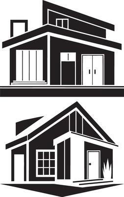 two black and white illustrations of a house