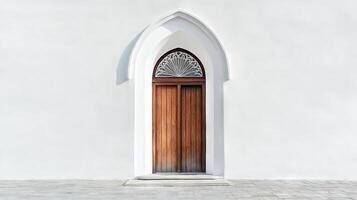A wooden door with a window in the middle photo