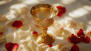 A gold cup with a red rim sits on a table with red petals photo