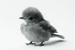 A small grey bird with a black beak is sitting on a white background photo