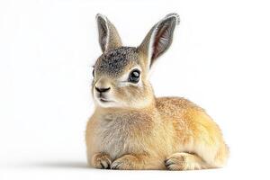 Adorable Baby Hare Resting on White Background with Soft Fur and Alert Ears in a Studio Setting photo