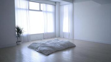 A white room with a white bed and a plant photo