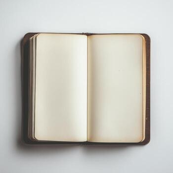 A leather bound book with a white cover is open to a blank page photo
