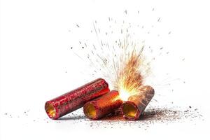 Three red fireworks are on the ground photo