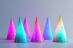 Colorful Party Hats with Vibrant Gradient Design on Minimalist Background photo
