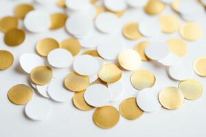 Elegant Gold and White Confetti Scattered on a Smooth White Surface photo