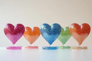 Colorful Glitter Heart Ornaments in a Row on White Background photo