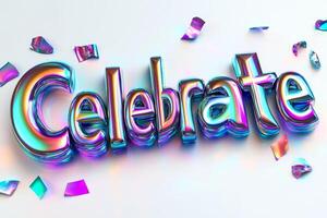 Vibrant 3D Metallic Celebrate Text with Colorful Confetti on White Background photo