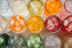 A row of glasses with ice and different colored drinks photo
