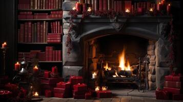 A fireplace with a mantle full of red books and candles photo