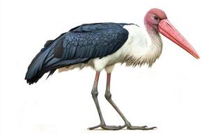 A large bird with a long beak stands on a white background photo