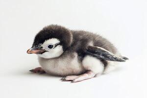 Adorable Baby Penguin Chick Resting on White Background in Studio Photography photo