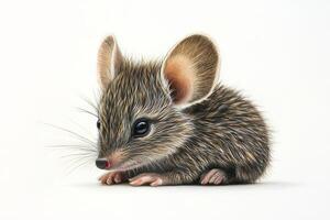 Adorable Close-Up of a Baby Mouse with Soft Fur and Large Ears on a White Background photo