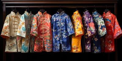 A row of colorful Chinese children's clothing photo