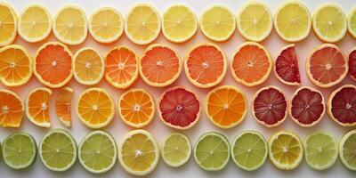 A row of oranges and grapefruits are sliced and arranged in a rainbow pattern photo