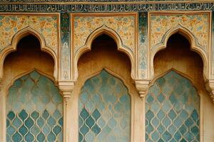Three arches with blue and yellow designs photo