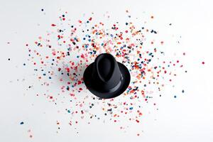 Black Hat Surrounded by Colorful Confetti on White Background photo