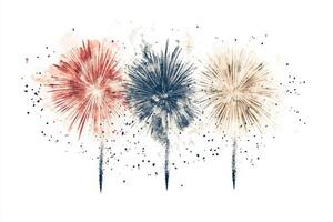 Vibrant Watercolor Fireworks Display in Red, Blue, and Gold on White Background photo