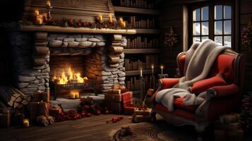 A cozy living room with a fireplace, a red chair, and a pile of presents photo